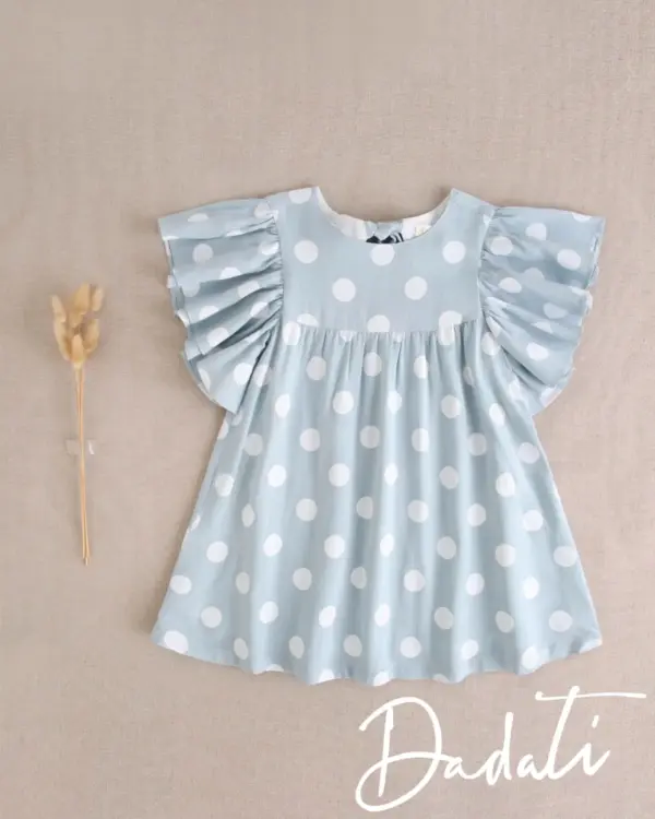 VESTIDO NIÑA FONDO AZUL Y LUNARES CON ESPALDA ABIERTA