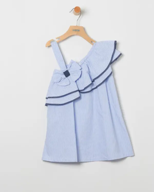 vestido  volantes asimetrico rayas azul detalle lazada