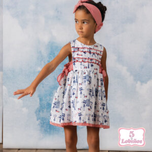 Vestido niña muñecas azules y lazos rojos