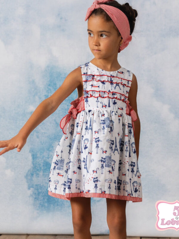 Vestido niña muñecas azules y lazos rojos