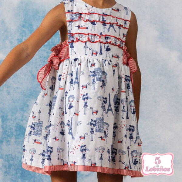 Vestido niña muñecas azules y lazos rojos - Imagen 3