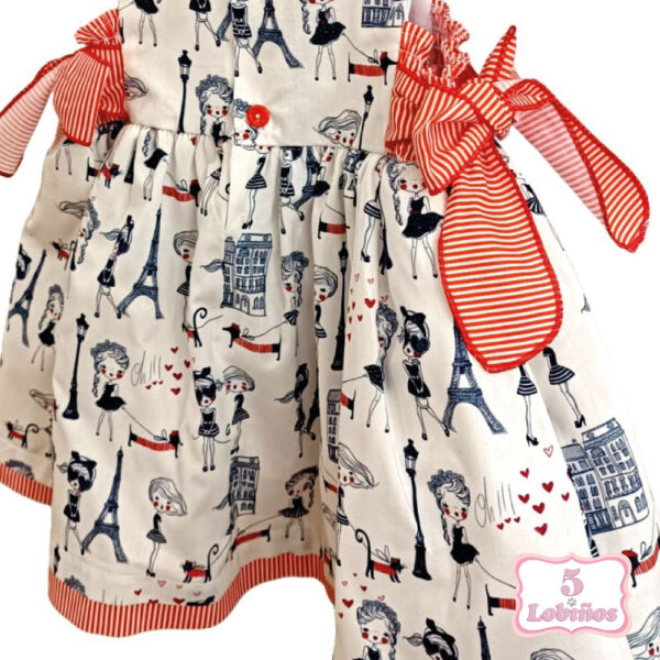 Vestido niña muñecas azules y lazos rojos - Imagen 2