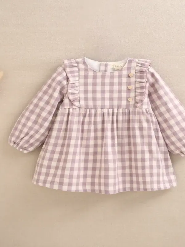 Vestido de bebé niña cuadros con volante en el cuello