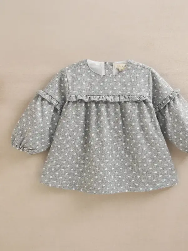 Vestido de bebé niña en gris jaspeado con topos