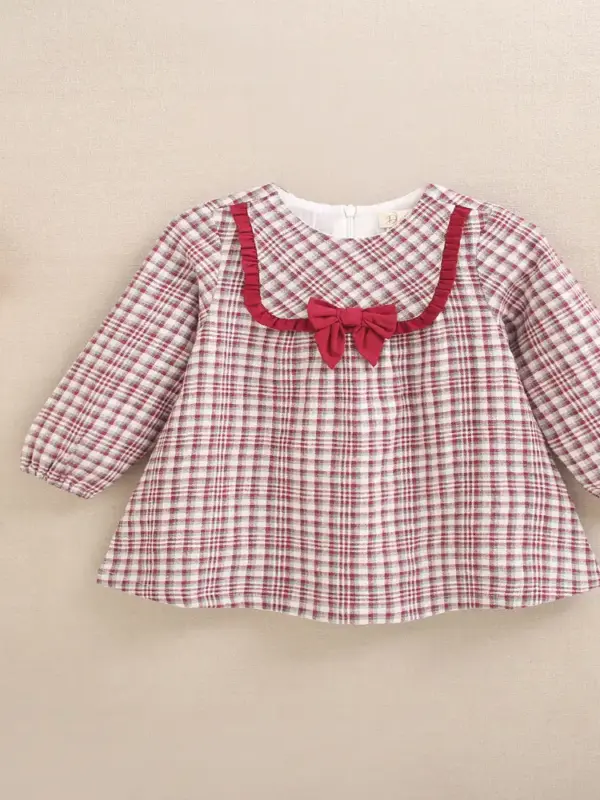 Vestido de niña gris con detalle de lazo granate